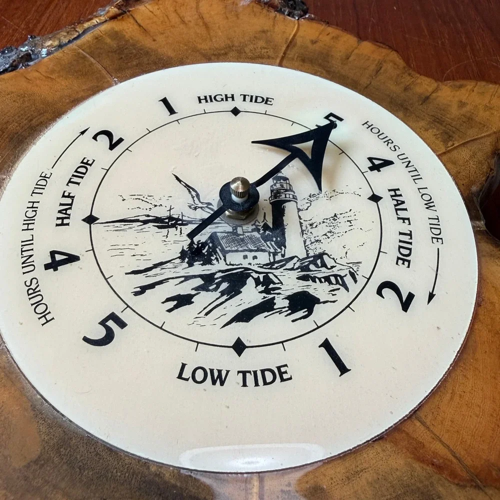 Vintage Live Edge Wood Slab Tide Clock Lighthouse Coastal Nautical Alaska Ocean